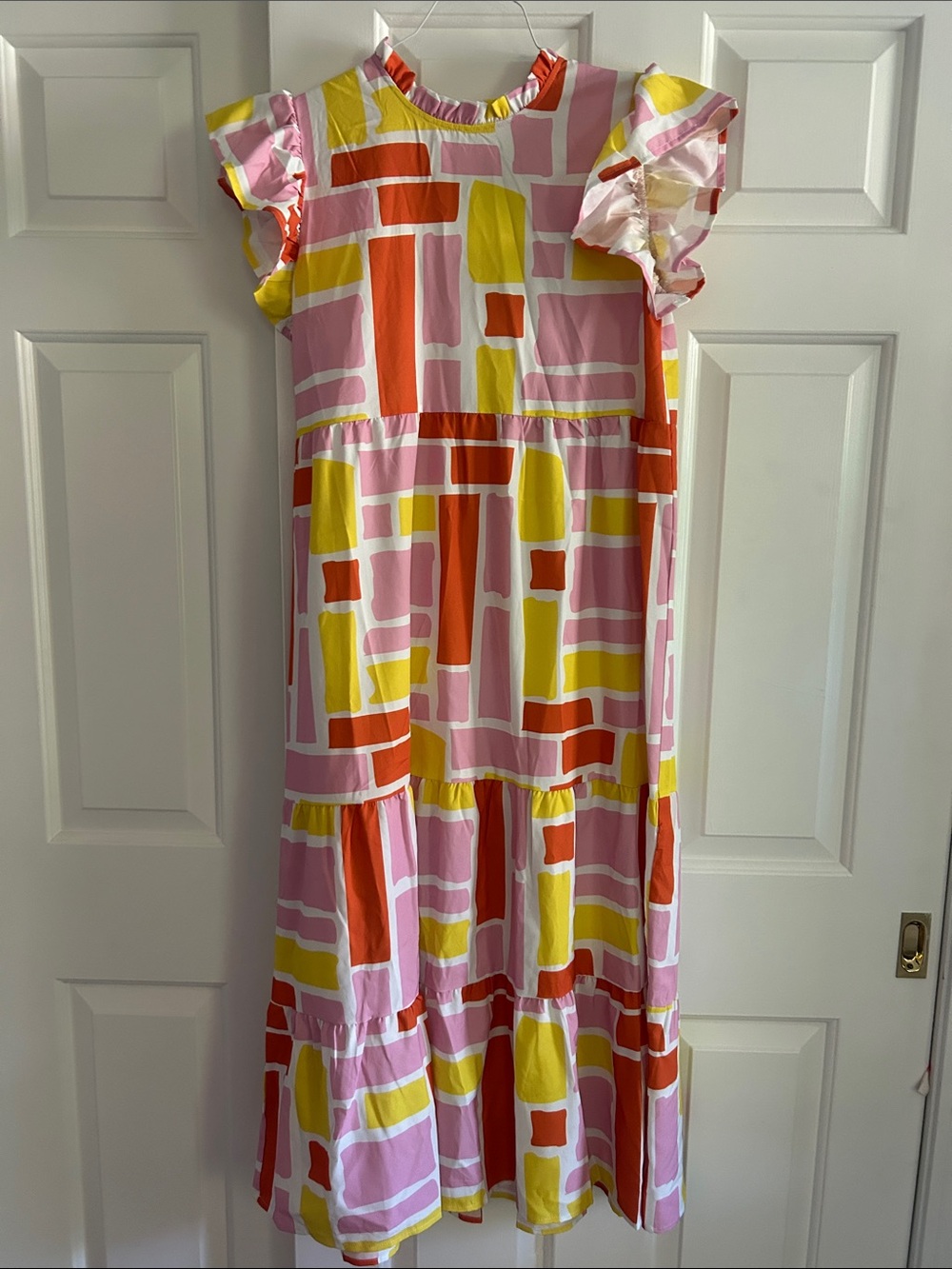 Girls' Geometric Ruffle Sleeve Maxi Dress in Pink, Yellow & Orange